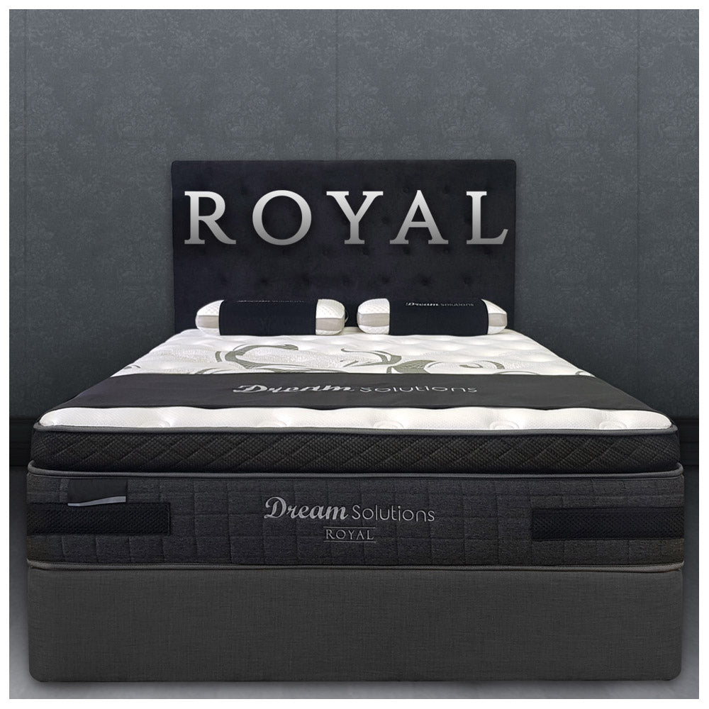 dream solutions royal mattress on bed base with head board and pillows