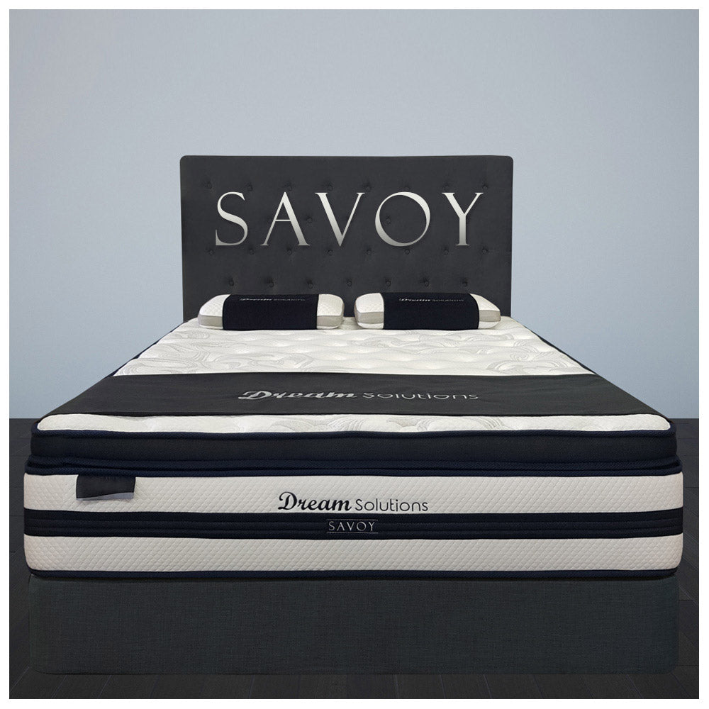 dream solutions savoy mattress on bed base with head board and pillows